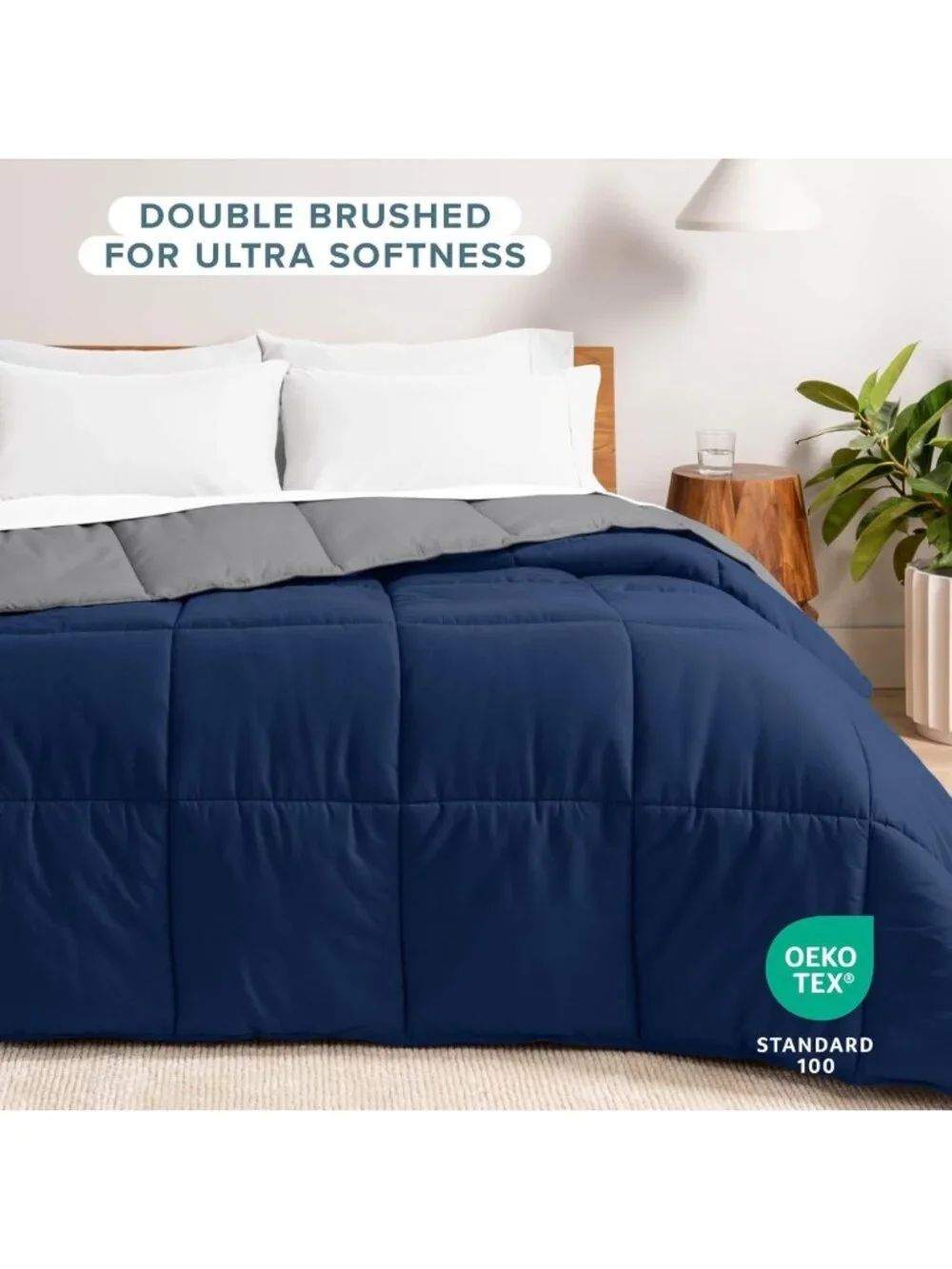 Oversized Reversible Queen Comforter Set - Dark Blue & Grey, Cozy Bedding